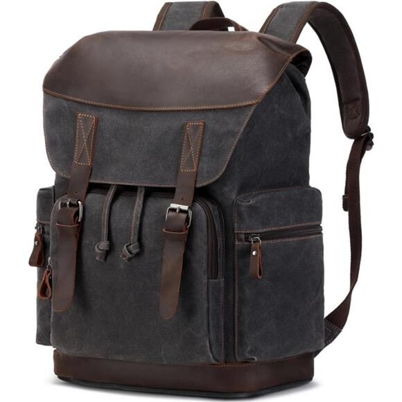 Waxed Canvas Backpack With Leather Flap | Black Cotton  Leather Backpack for Men Waxed Canvas Black